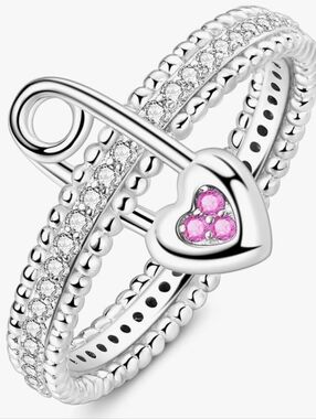 Sterling Silver Heart Pink Stone Safety Pin Stackable Ring Size 7
